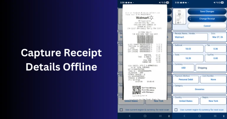 Receipt scanning app for Android showing OCR-filled receipt details ready for review