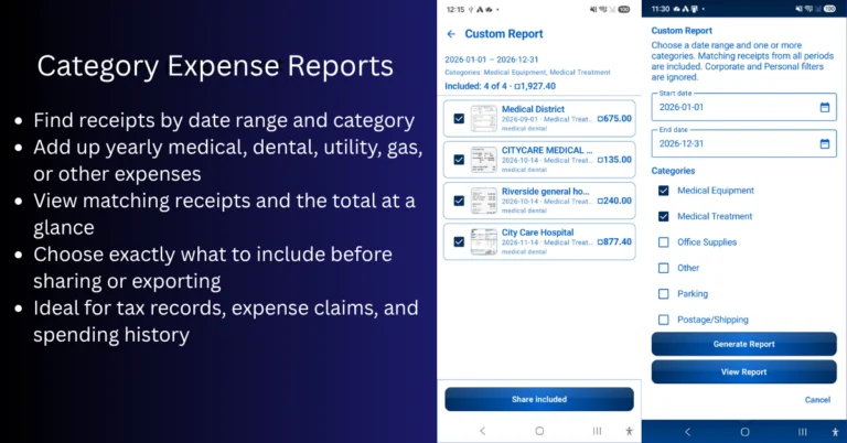 Android receipt records filtered by date and category before creating an expense report